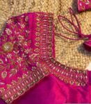 Hand Embroidered Zardosi Silk Blouse: Pink Maggam Work,hand work blouse, 42 size blouse, pink mix and match blouse, pink saree blouse USA