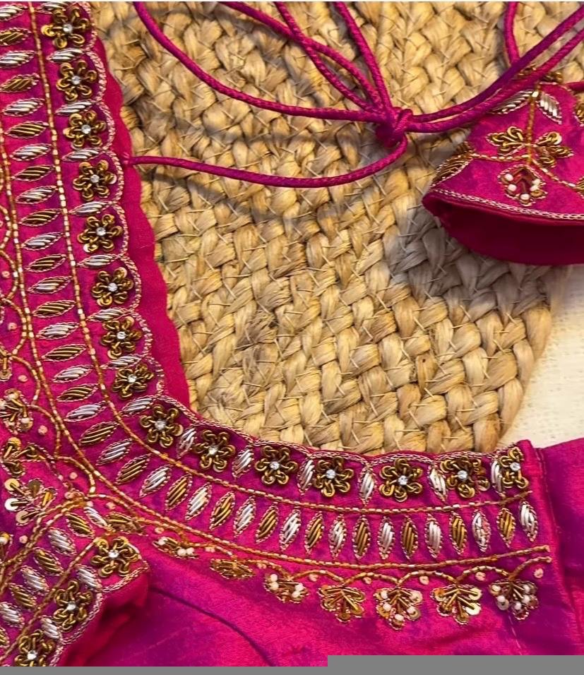 Hand Embroidered Zardosi Silk Blouse: Pink Maggam Work,hand work blouse, 42 size blouse, pink mix and match blouse, pink saree blouse USA