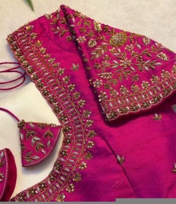 Hand Embroidered Zardosi Silk Blouse:  Pink Maggam Work,hand work blouse, 42 size blouse, pink mix and match blouse, pink saree blouse