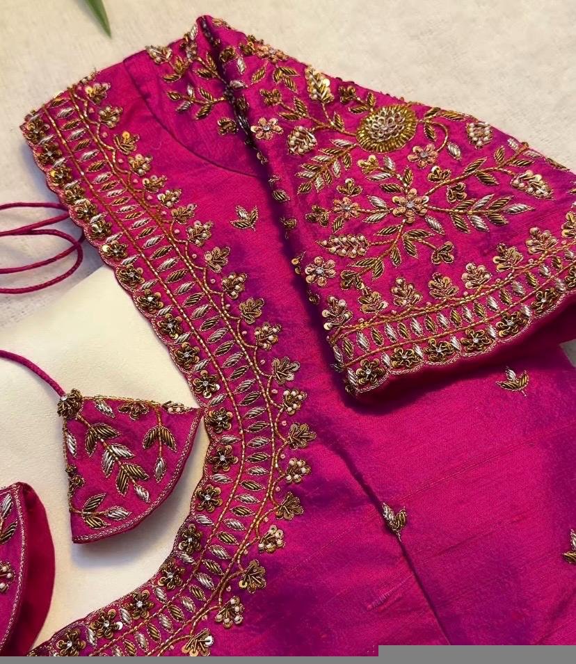 Hand Embroidered Zardosi Silk Blouse: Pink Maggam Work,hand work blouse, 42 size blouse, pink mix and match blouse, pink saree blouse USA