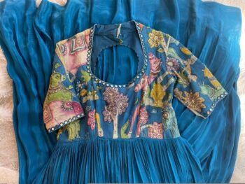 Hand-Painted Kalamkari Anarkali Dress with Dupatta:blue Silk Embroidered Gown,blue hand painted Kalamkari gown,Anarkali dress Kalamkari