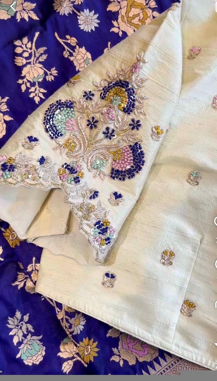pure silk hand embroidery blouse/modern saree maggam blouse/cream zardosi blouse/multi hand embroidered blouse/off white ready made blouse