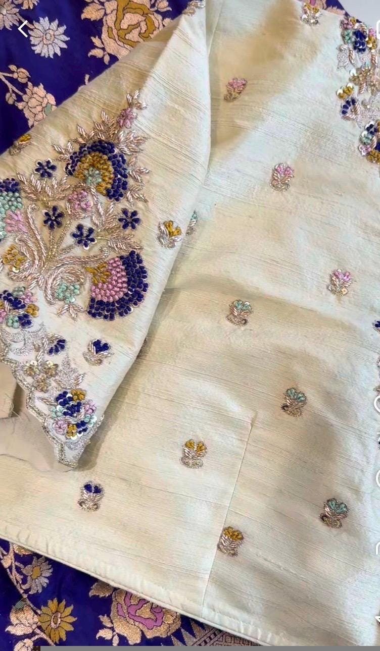 pure silk hand embroidery blouse/modern saree maggam blouse/cream zardosi blouse/multi hand embroidered blouse/off white ready made blouse