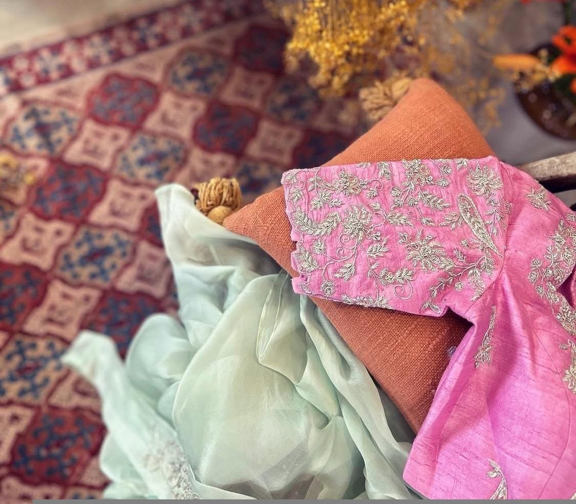 Hand Embroidered Silk Blouse: Light Pink Zardosi Maggam Work,tissue pink blouse,blush pink blouse,light pink maggam saree blouse,plus size