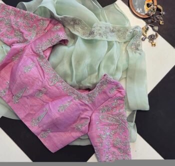 Hand Embroidered Silk Blouse: Light Pink Zardosi Maggam Work,tissue pink blouse,blush pink blouse,light pink maggam saree blouse,plus size