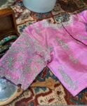 Hand Embroidered Silk Blouse: Light Pink Zardosi Maggam Work,tissue pink blouse,blush pink blouse,light pink maggam saree blouse,plus size