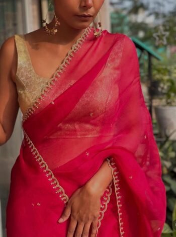 Pure silk cocktailsaree/pink sari with hand embroidery/organza silk saree with designer blouse /pink saree,party saree, sleeveless blouse us