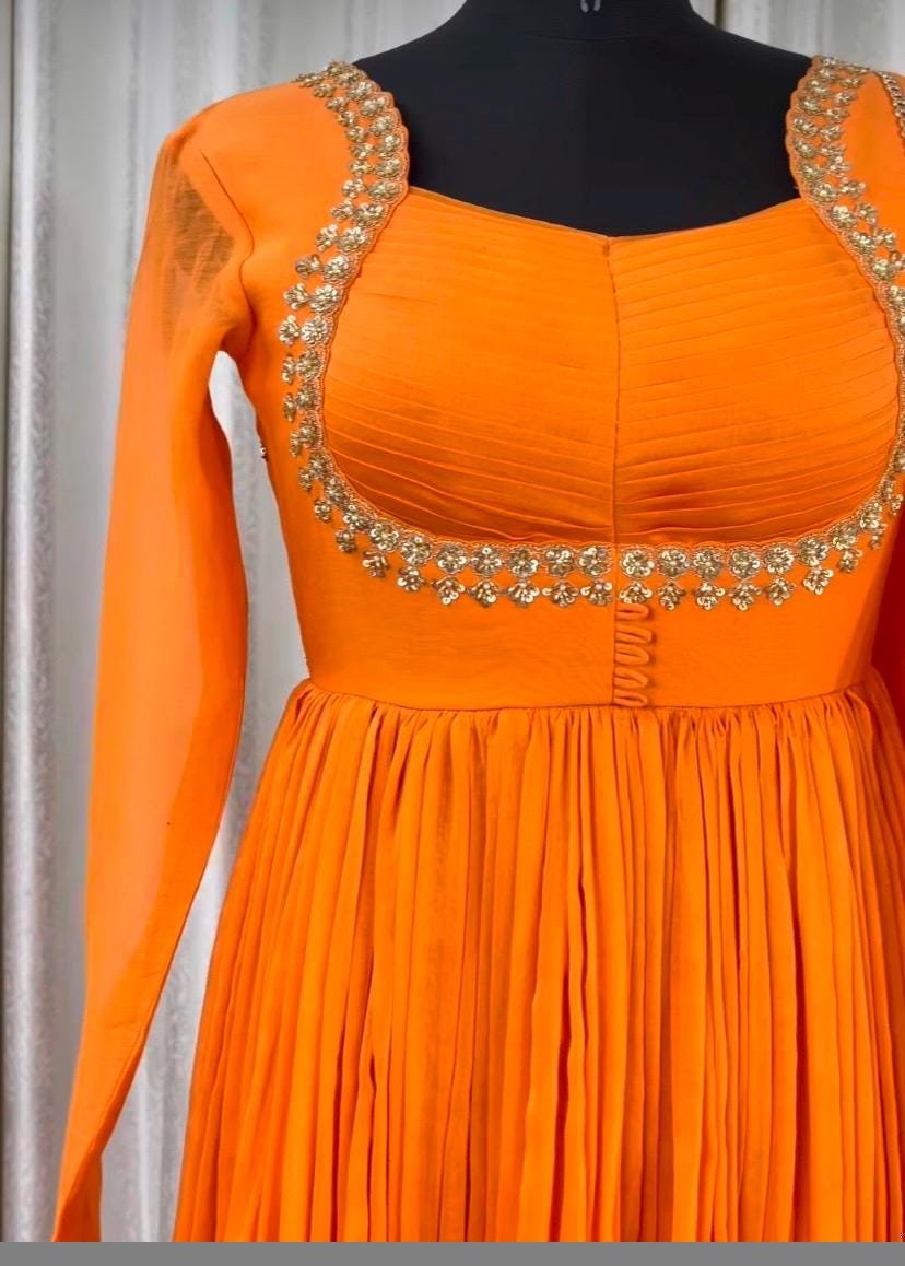 Orange Anarkali suit usa/anarkali kurta full sleeve/orange full sleeve anarkali/soft chanderi anarkali dress/Indian dresses/orange anarkali