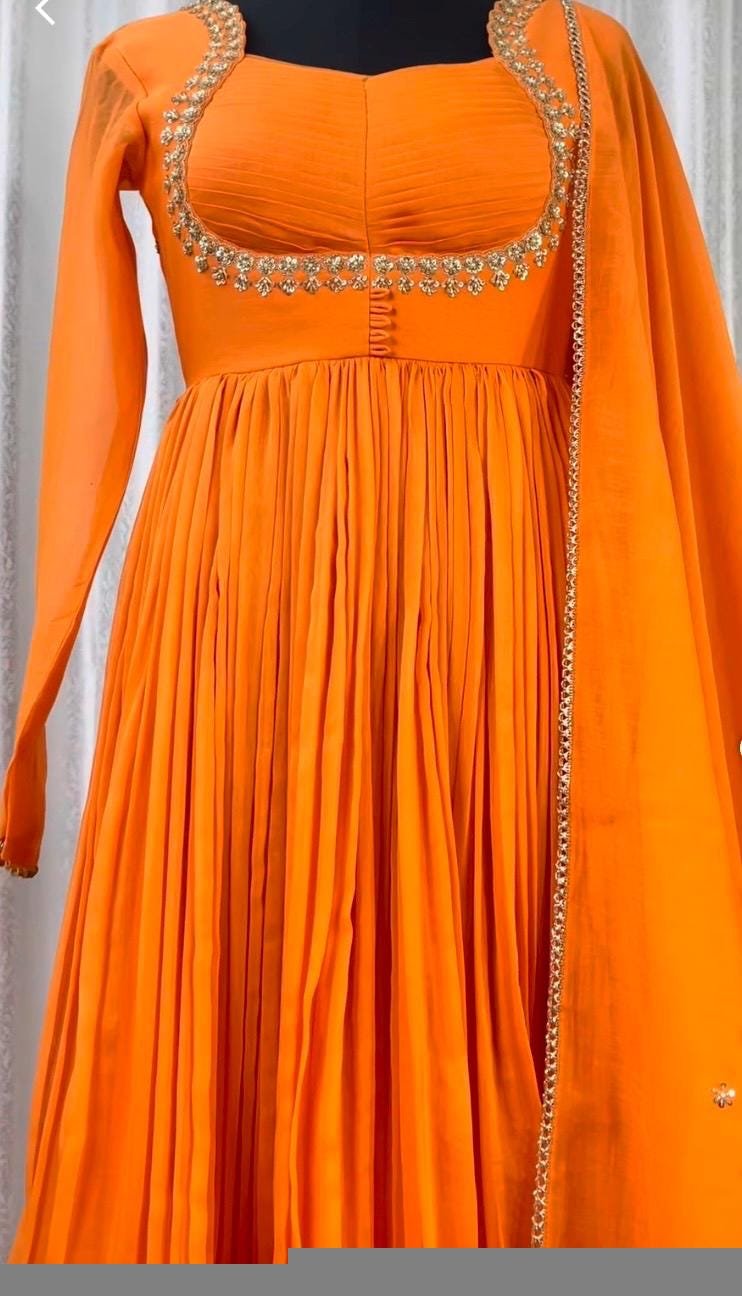 Orange Anarkali suit usa/anarkali kurta full sleeve/orange full sleeve anarkali/soft chanderi anarkali dress/Indian dresses/orange anarkali