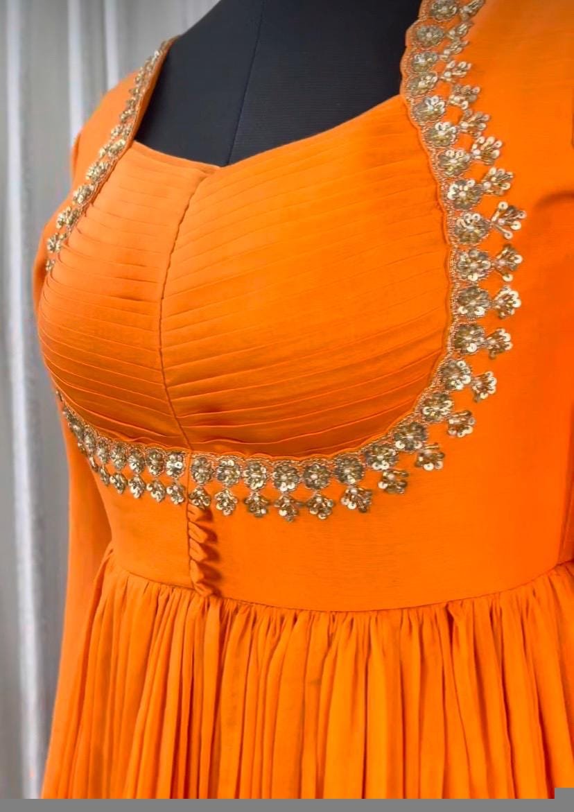 Orange Anarkali suit usa/anarkali kurta full sleeve/orange full sleeve anarkali/soft chanderi anarkali dress/Indian dresses/orange anarkali