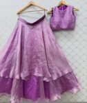 Lavender Silk Lehenga Set: Hand Embroidered Crop Top, Indian Wedding Outfit,lavender lehenga, crop top lehenga,tissue lehenga,crop top skirt