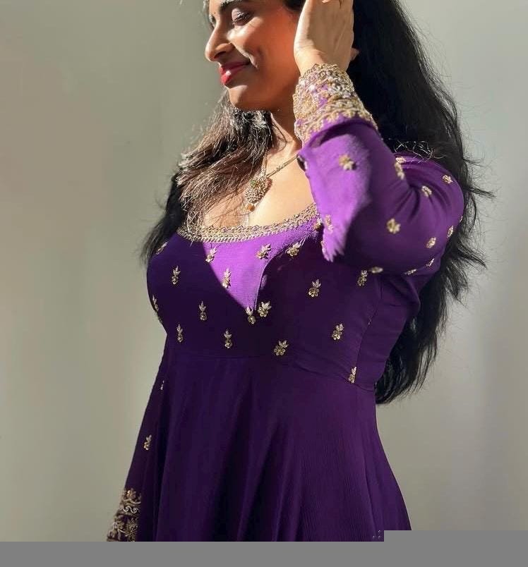 Hand embroidered Anarkali with dupatta/purple anarkali suit set/chinnon silk anarkali dupatta USA/Indian dresses/anarkali dress with dupatta