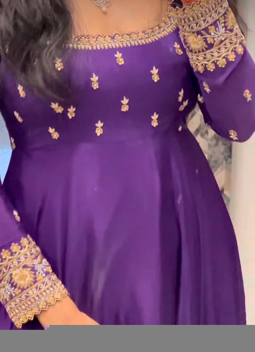 Hand embroidered Anarkali with dupatta/purple anarkali suit set/chinnon silk anarkali dupatta USA/Indian dresses/anarkali dress with dupatta
