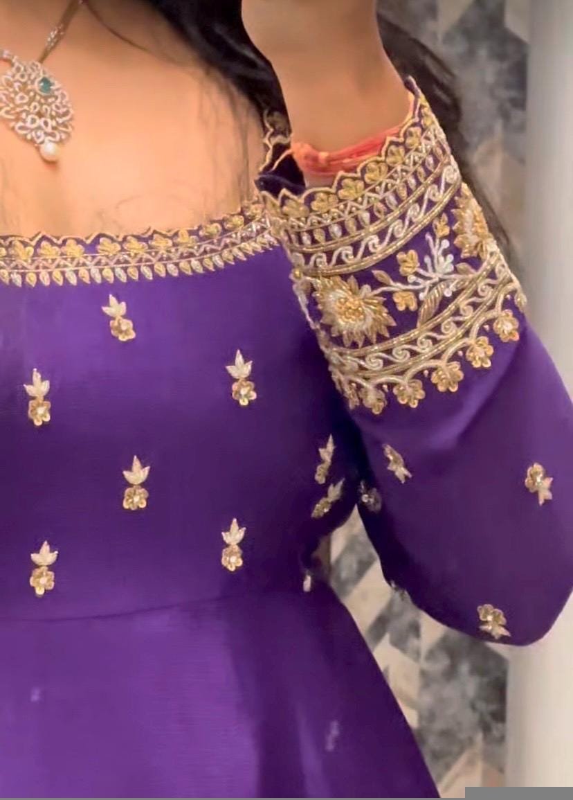 Hand embroidered Anarkali with dupatta/purple anarkali suit set/chinnon silk anarkali dupatta USA/Indian dresses/anarkali dress with dupatta