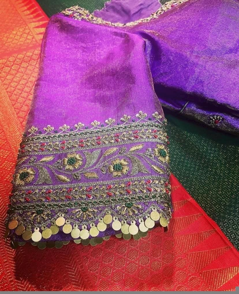 Lavender Hand Embroidered Silk Blouse: Zardosi Maggam Work, lavender tissue blouse,lavender blouse,maggam blouse, mix and match blouse usa