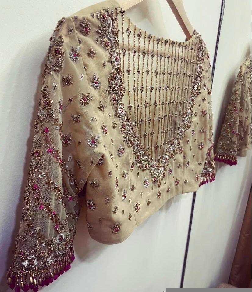 Hand Embroidered Zardosi Silk Blouse: Golden Beige Bridal Top,tissue blouse,golden Maggam blouse,gold blouse,plus size blouse,mix and match