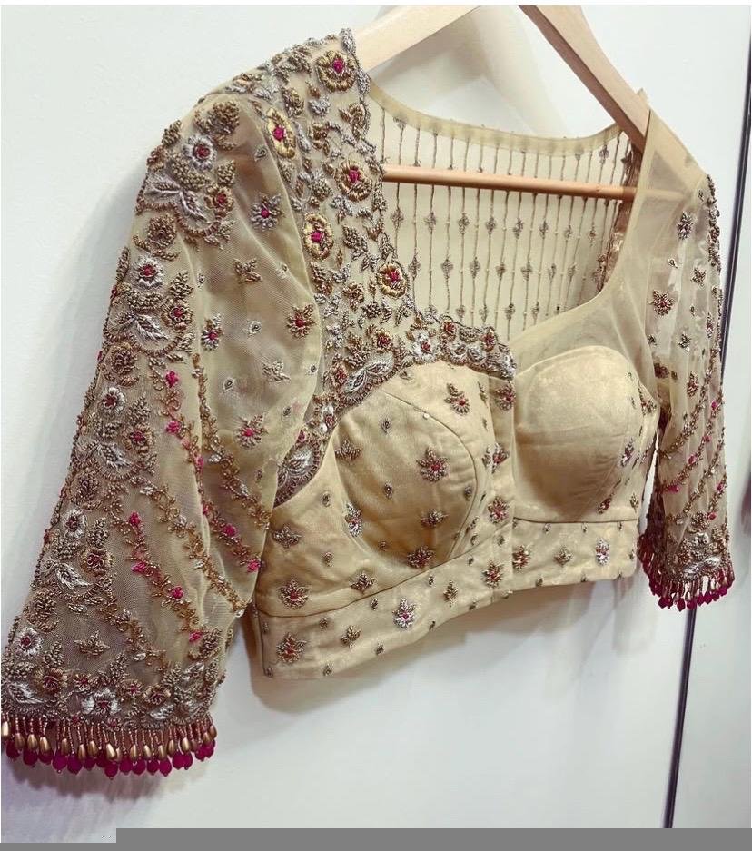 Hand Embroidered Zardosi Silk Blouse: Golden Beige Bridal Top,tissue blouse,golden Maggam blouse,gold blouse,plus size blouse,mix and match