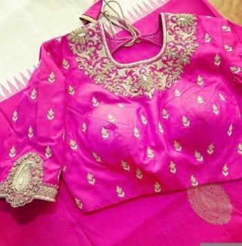 Hand Embroidered Zardosi Silk Blouse:  Pink Maggam Work,hand work blouse, 42 size blouse, pink mix and match blouse, pink saree blouse
