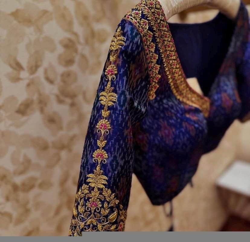 Navy blue silk hand embroidery blouse/blue saree maggam work blouse/blue saree blouse/hand embroidered blouse/blue ready made blouse zardosi