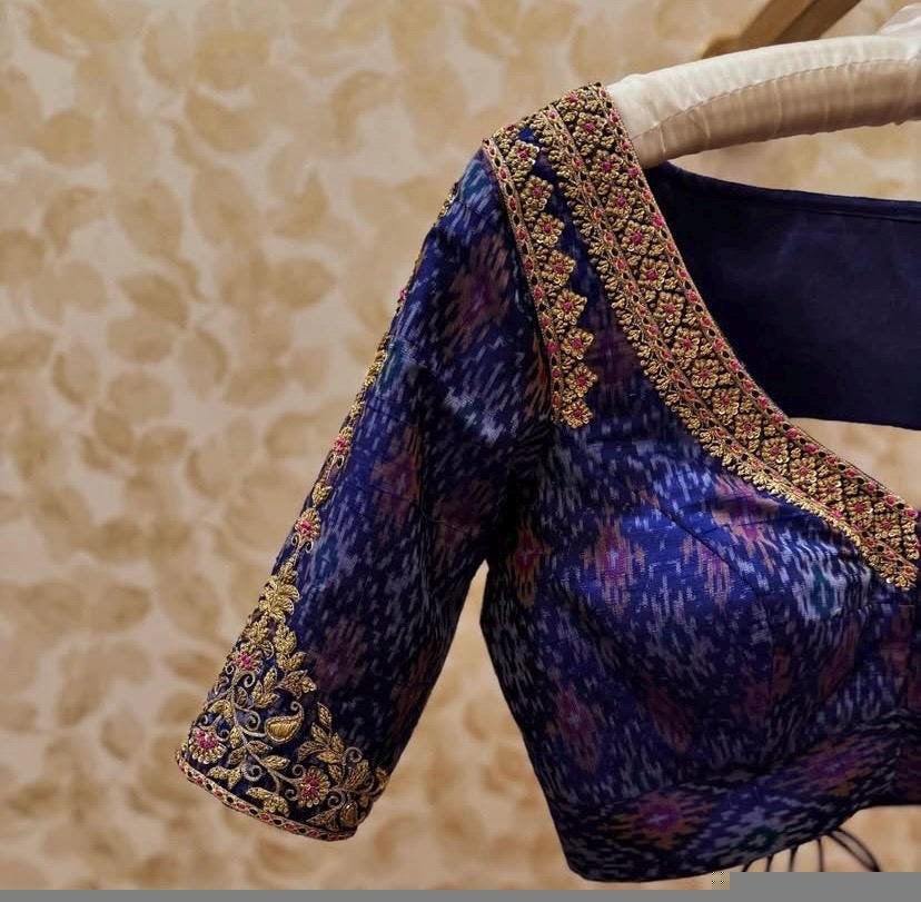 Navy blue silk hand embroidery blouse/blue saree maggam work blouse/blue saree blouse/hand embroidered blouse/blue ready made blouse zardosi