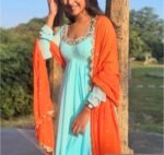 Hand embroidered Anarkali with scallop dupatta/navy blue anarkali suit/georgette anarkali dupatta USA/Indian dresses/anarkali dupatta set u