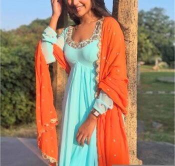 Hand embroidered Anarkali with scallop dupatta/navy blue anarkali suit/georgette anarkali dupatta Indian dresses/anarkali dupatta set u