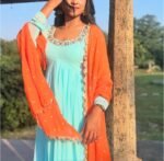 Hand embroidered Anarkali with scallop dupatta/navy blue anarkali suit/georgette anarkali dupatta USA/Indian dresses/anarkali dupatta set u