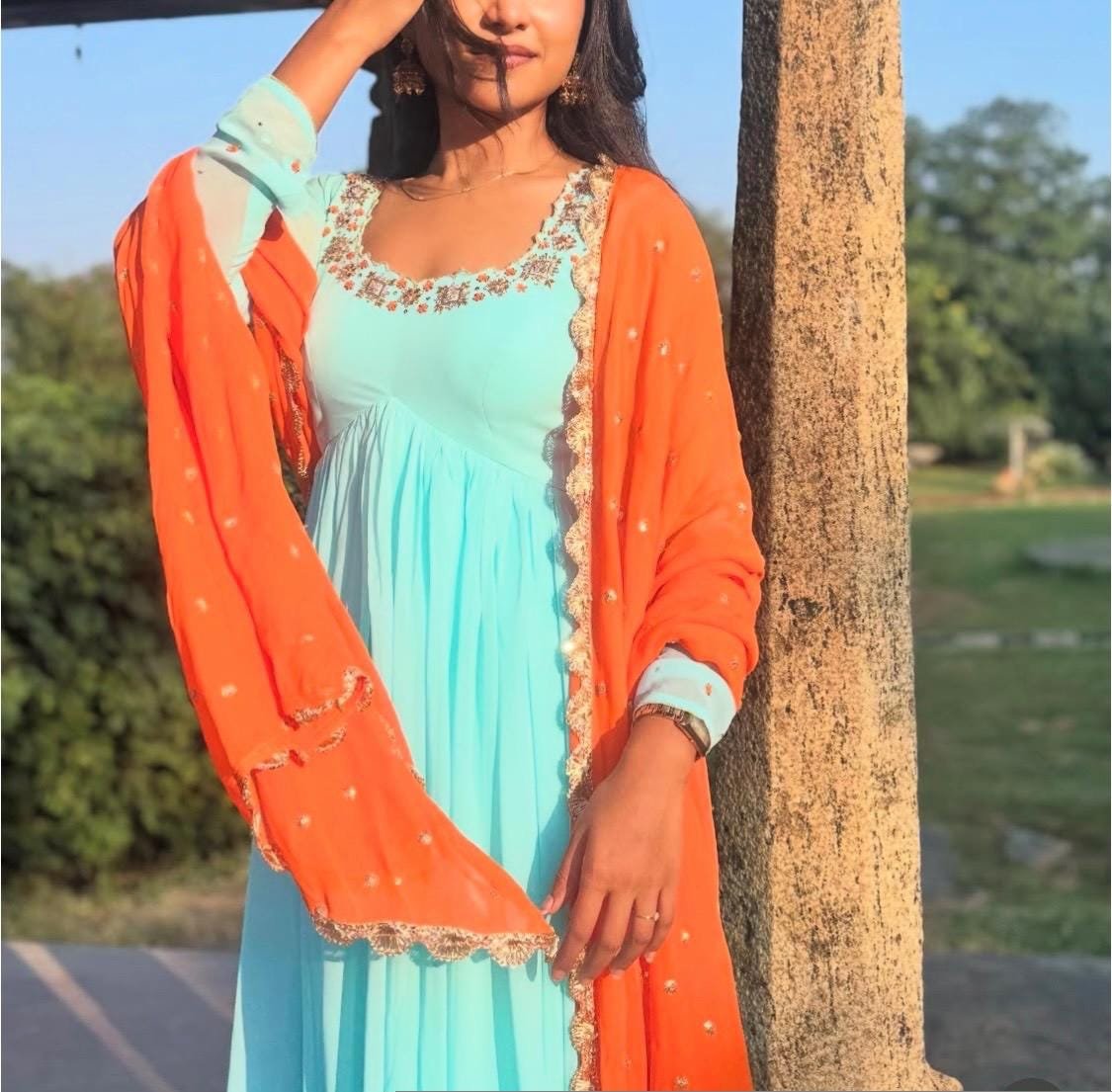 Hand embroidered Anarkali with scallop dupatta/navy blue anarkali suit/georgette anarkali dupatta USA/Indian dresses/anarkali dupatta set u