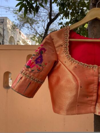 pure silk hand embroidery blouse/elbow sleeve maggam blouse/paithani zardosi blouse/hand embroidered blouse/red Paithani ready made blouse