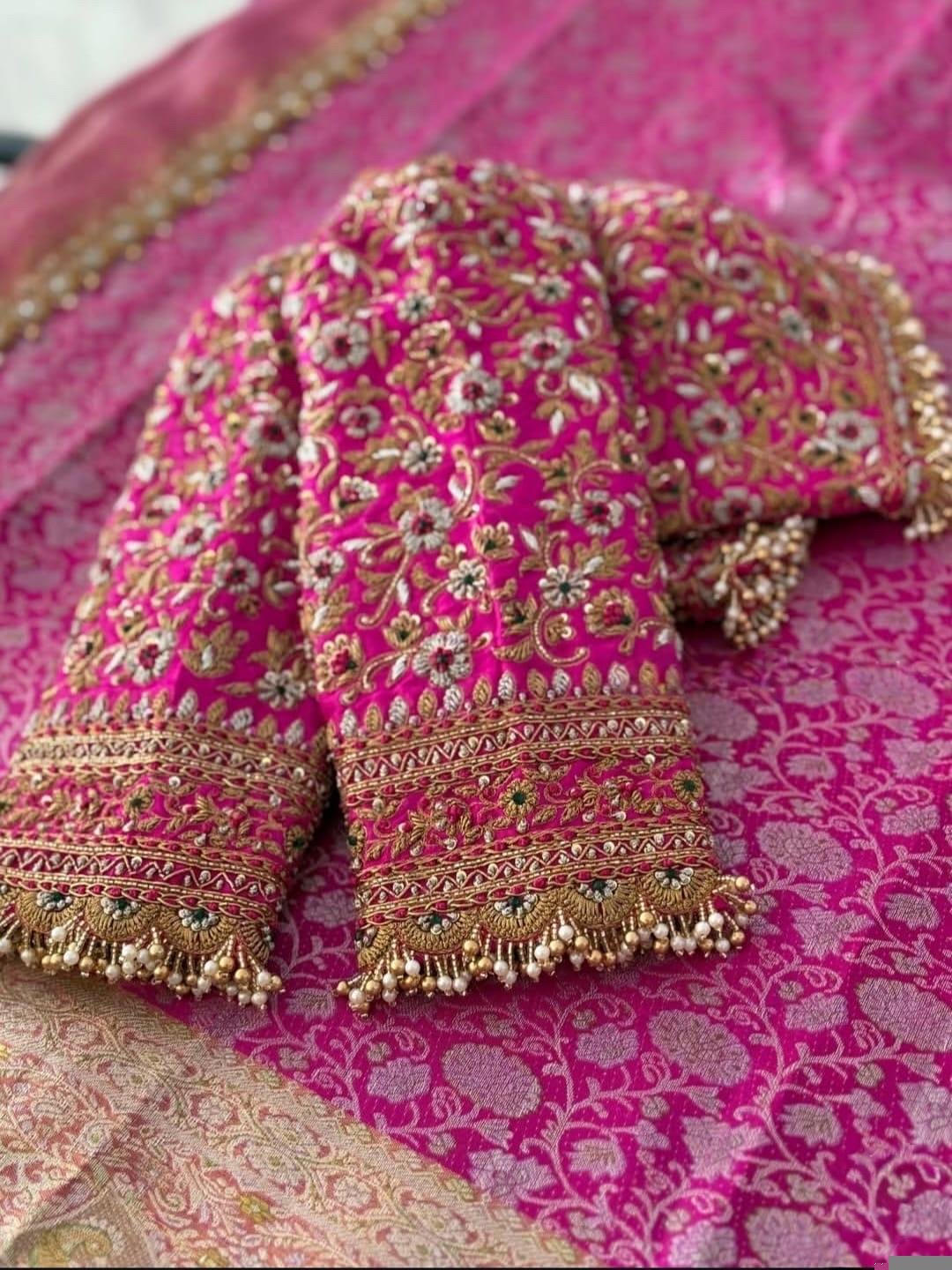 pure silk hand embroidery bridal blouse/maggam blouse/pink bridal work blouse/pink hand embroidered blouse/heavy embroidery wedding blouse