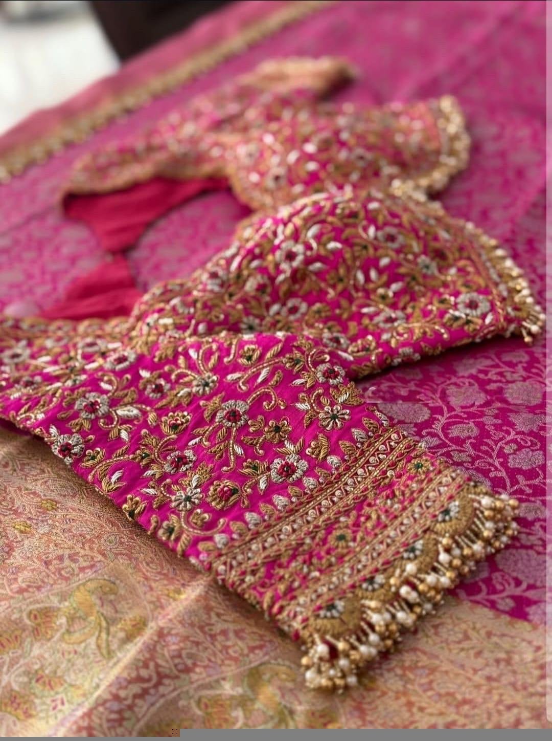 pure silk hand embroidery bridal blouse/maggam blouse/pink bridal work blouse/pink hand embroidered blouse/heavy embroidery wedding blouse