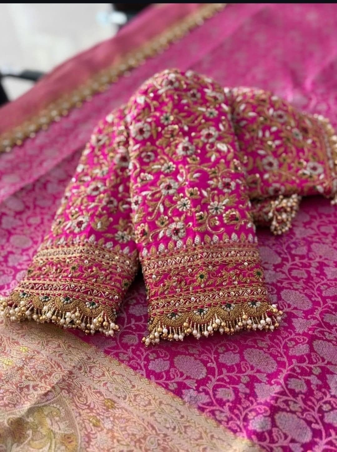pure silk hand embroidery bridal blouse/maggam blouse/pink bridal work blouse/pink hand embroidered blouse/heavy embroidery wedding blouse
