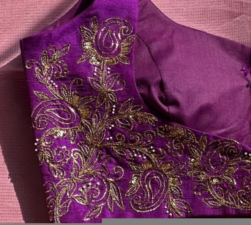 pure silk hand embroidery blouse/purple maggam blouse/purple raw silk zardosi blouse/ hand embroidered blouse/sleeveless ready made blouse