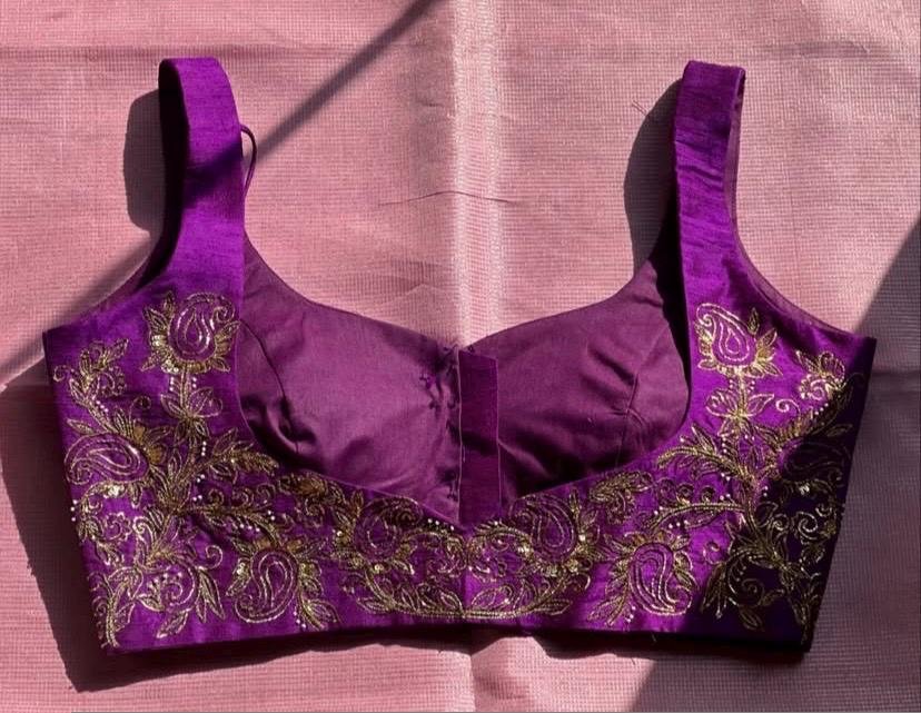 pure silk hand embroidery blouse/purple maggam blouse/purple raw silk zardosi blouse/ hand embroidered blouse/sleeveless ready made blouse