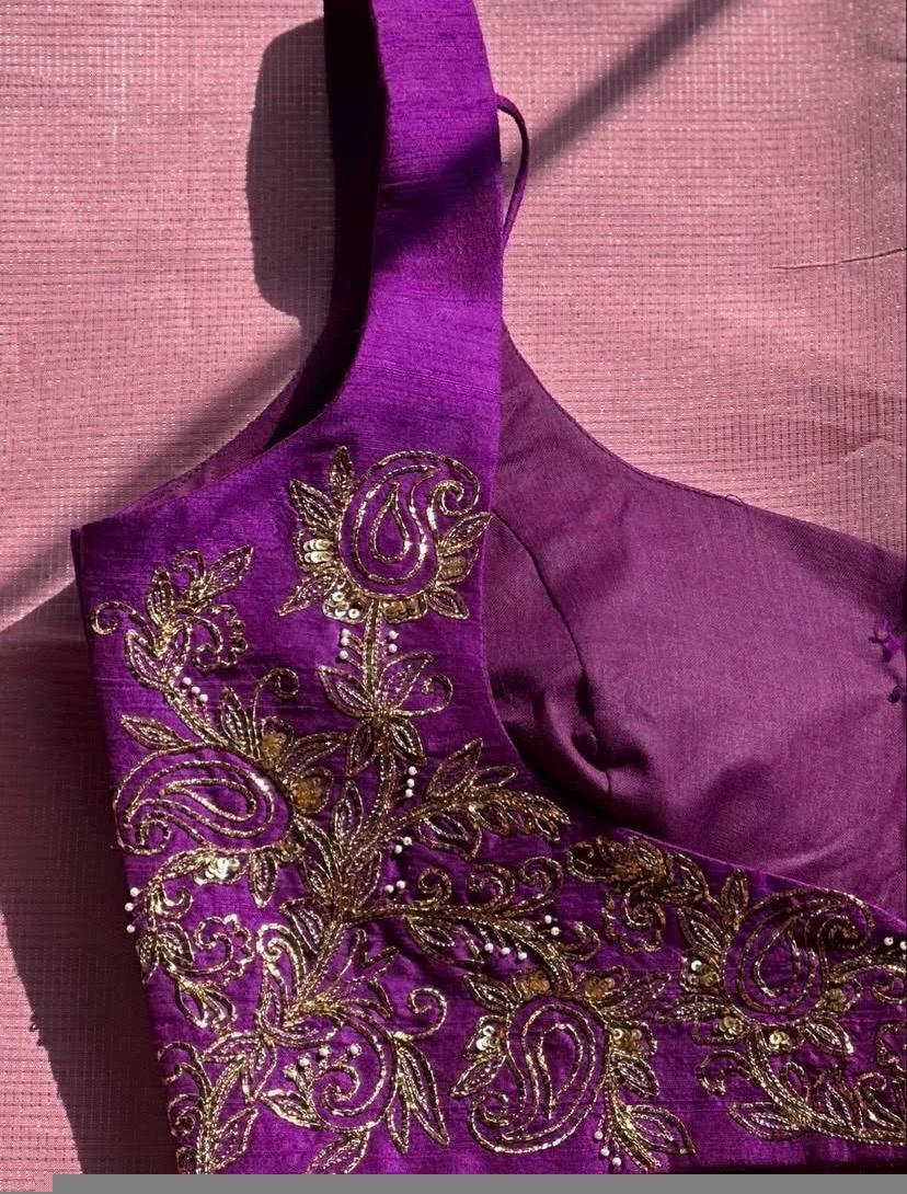 pure silk hand embroidery blouse/purple maggam blouse/purple raw silk zardosi blouse/ hand embroidered blouse/sleeveless ready made blouse