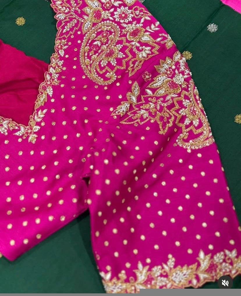 Hand Embroidered Silk Zardosi Blouse: Magenta Pink Maggam Work, pink hand work blouse , pink saree blouse, zardosi blouses , mix and match