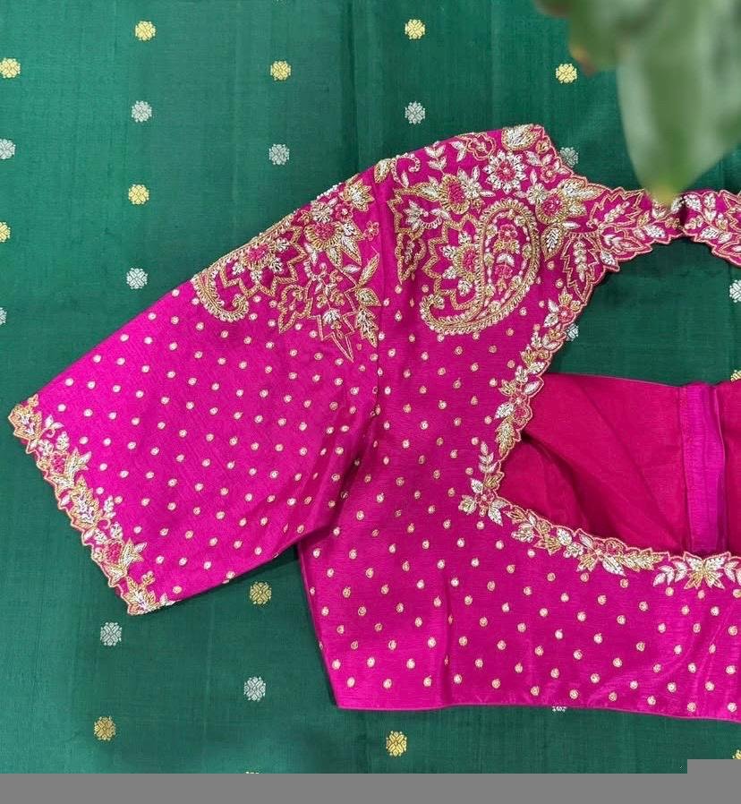 Hand Embroidered Silk Zardosi Blouse: Magenta Pink Maggam Work, pink hand work blouse , pink saree blouse, zardosi blouses , mix and match