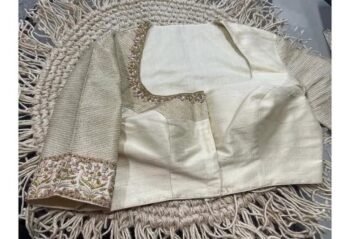 Hand Embroidered Zardosi Silk Blouse: Cream Maggam Work, Elbow Sleeves,cream saree blouse,patola blouse,mix and match blouse,plus size blous