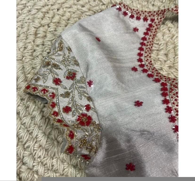 pure silk hand embroidery blouse/gray saree maggam blouse/light grey elbow sleeve blouse/hand embroidered blouse/raw silk ready made blouse