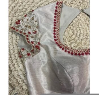 pure silk hand embroidery blouse/gray saree maggam blouse/light grey elbow sleeve blouse/hand embroidered blouse/raw silk ready made blouse