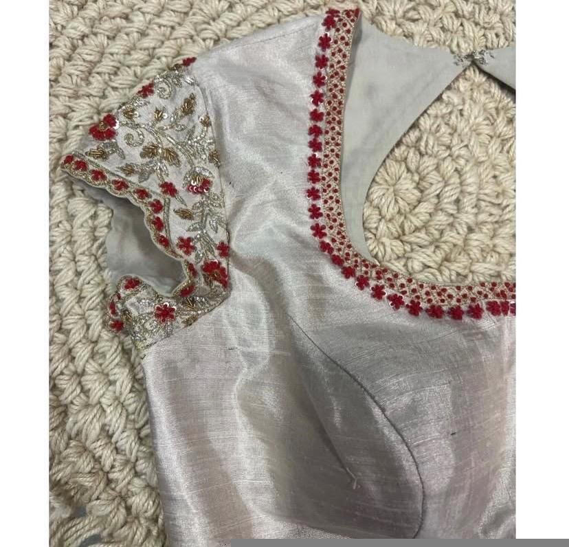 pure silk hand embroidery blouse/gray saree maggam blouse/light grey elbow sleeve blouse/hand embroidered blouse/raw silk ready made blouse