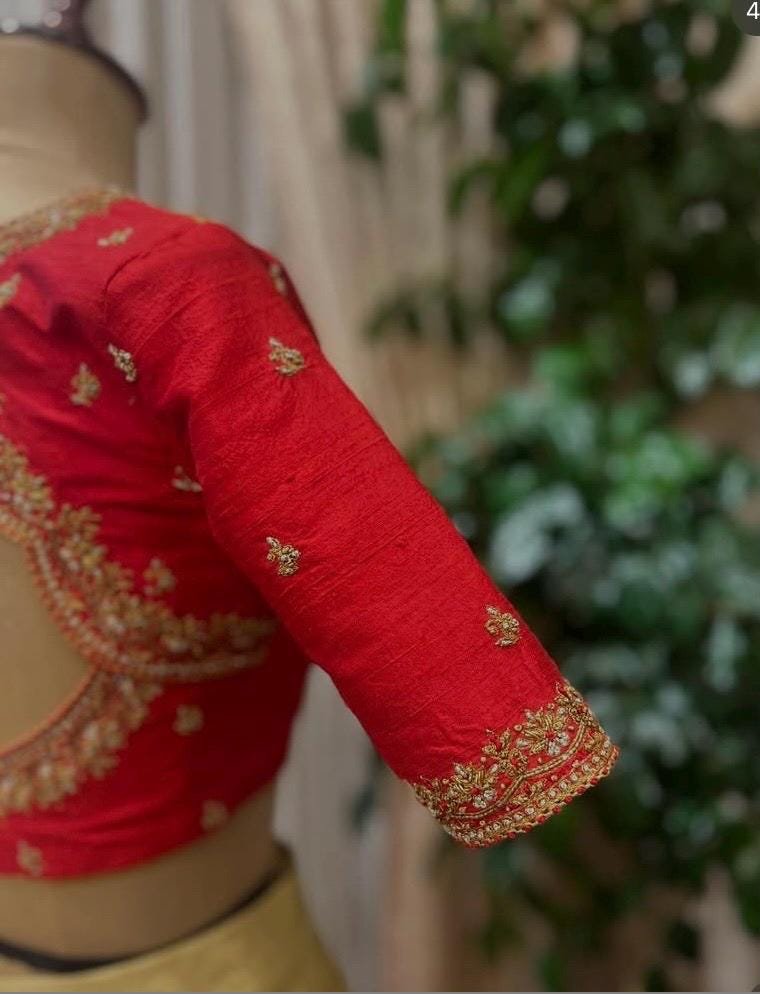 Hand Embroidered Red Silk Blouse: Zardosi Maggam Work, Elbow Sleeves,plus size blouses,red maggam blouse,red saree blouse,mix and match blou