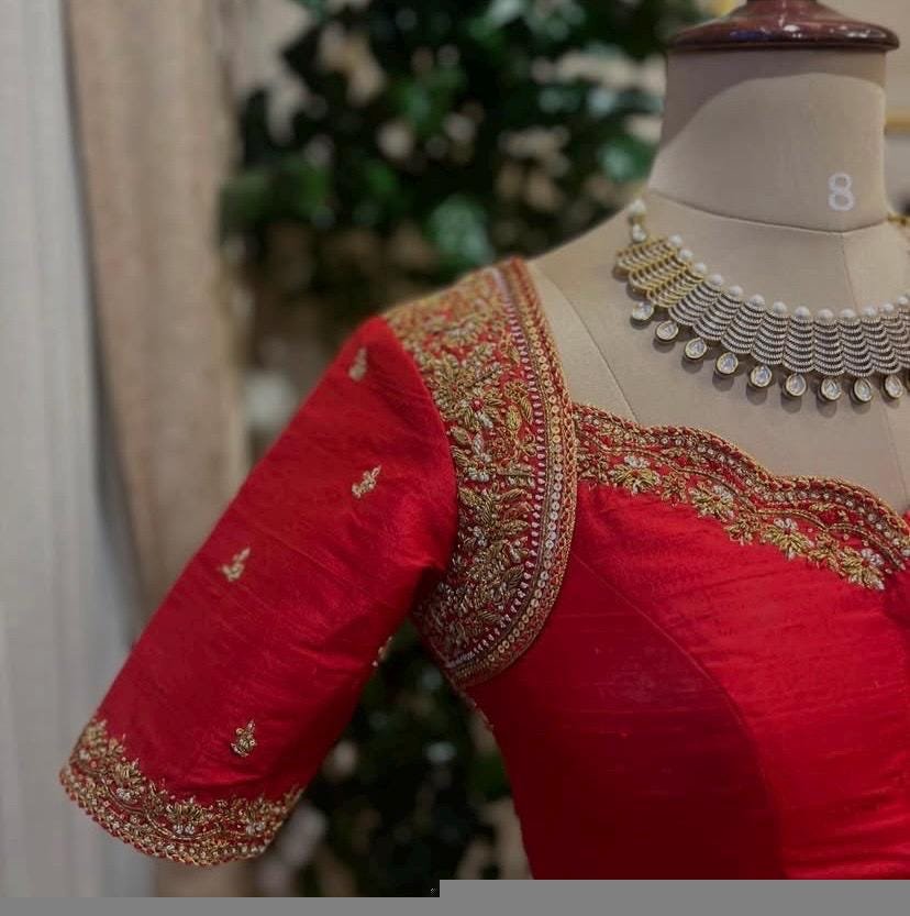 Hand Embroidered Red Silk Blouse: Zardosi Maggam Work, Elbow Sleeves,plus size blouses,red maggam blouse,red saree blouse,mix and match blou