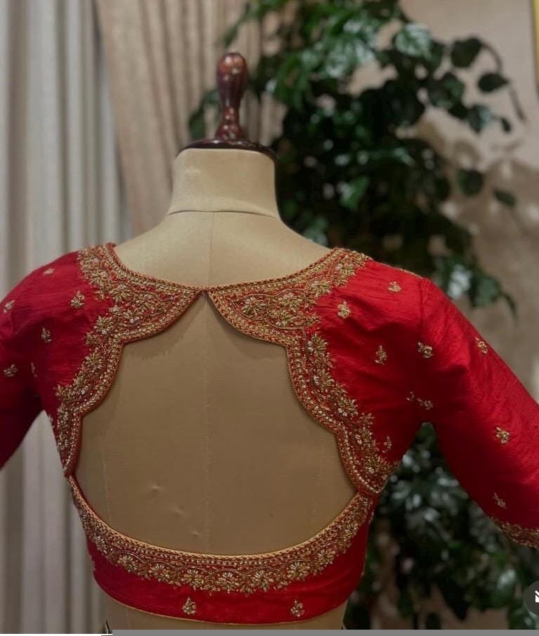 Hand Embroidered Red Silk Blouse: Zardosi Maggam Work, Elbow Sleeves,plus size blouses,red maggam blouse,red saree blouse,mix and match blou