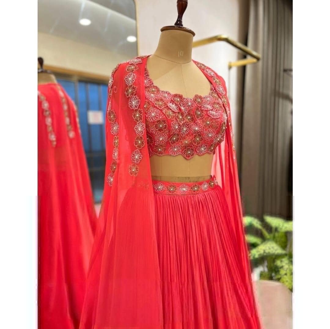 Lavender Lehenga Set: Hand Embroidered Silk Crop Top, Chinon Skirt,cape lehenga,lehenga with jacket,pure silk crop top skirt,lehenga choli