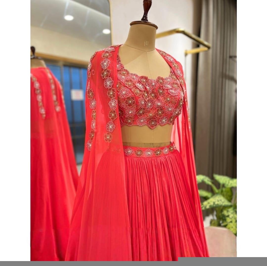 Lavender Lehenga Set: Hand Embroidered Silk Crop Top, Chinon Skirt,cape lehenga,lehenga with jacket,pure silk crop top skirt,lehenga choli