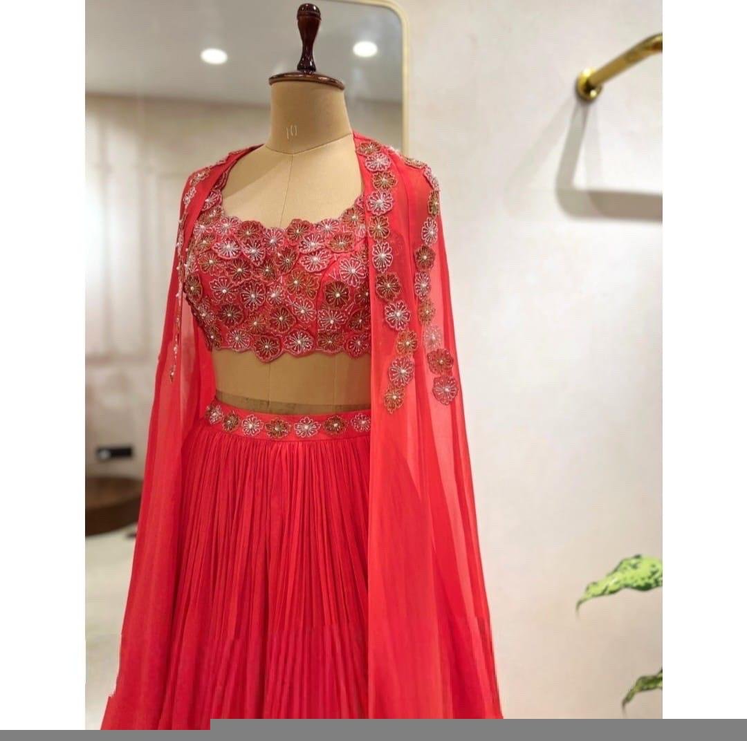 Lavender Lehenga Set: Hand Embroidered Silk Crop Top, Chinon Skirt,cape lehenga,lehenga with jacket,pure silk crop top skirt,lehenga choli