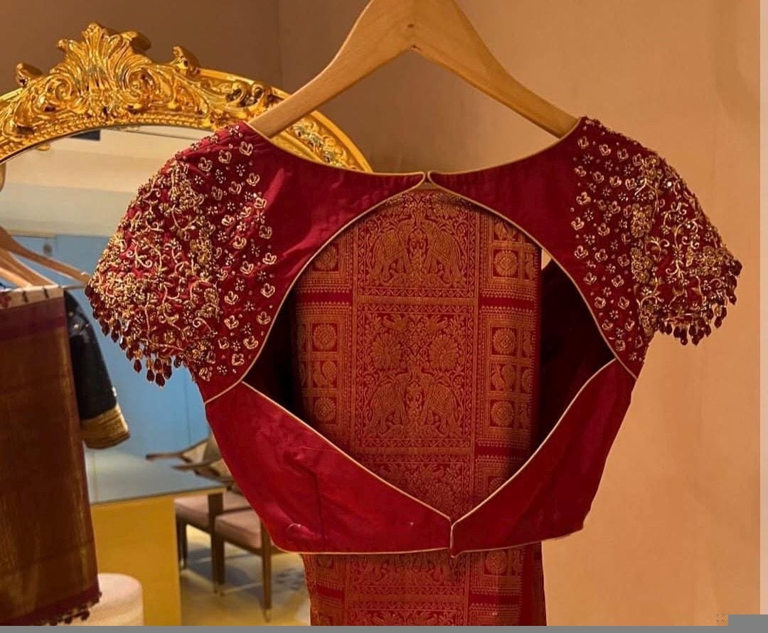 pure silk hand embroidery blouse/saree maggam blouse/maroon red raw silk zardosi blouse/hand embroidered blouse/ready made blouse zardosi/
