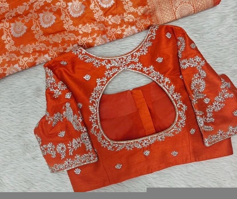 Hand Embroidered Zardosi Silk Blouse/Orange Maggam Work,hand work blouse,plus size blouses ,orange saree blouse,mix and match blouse USA