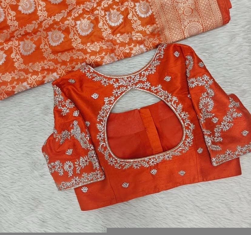 Hand Embroidered Zardosi Silk Blouse/Orange Maggam Work,hand work blouse,plus size blouses ,orange saree blouse,mix and match blouse USA